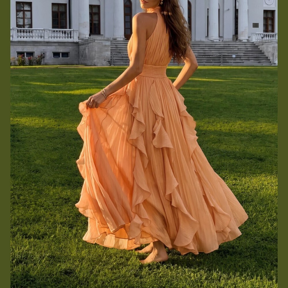 Peach Organza Halter Neck Ruffle Tiered Flowy Maxi Dress